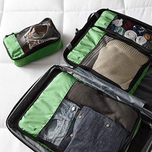 Amazon Basics Packing Cubes for Travel, Packing Organizers Set, 4-Piece-Set (Slim, Small, Medium, Large) With Double Zipper Pulls and Mesh Top Panel, 100% Durable Polyester, Green