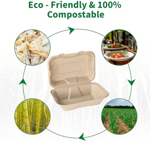 Aricsen Compostable 100 Pack 9x6 Inch Takeout Lunch Box Containers with Lid To Go Take Out Clamshell for Food, Disposable Eco-Friendly Biodegradable Bagasse, PFAS-Free, Brown