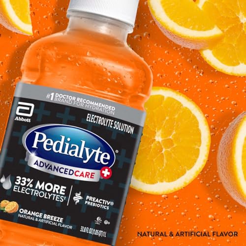 Pedialyte AdvancedCare Plus Electrolyte Hydration Drink, Has 33% More Electrolytes and Has PreActiv Prebiotics, Orange Breeze, 1 Liter, Pack of 4