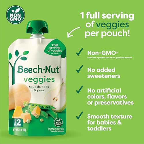 Beech-Nut Baby Food Pouches, Squash Peas Pears Veggie Puree Baby & Toddler Food, 3.5 oz (12 Pack)
