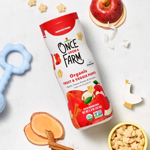 Once Upon A Farm Apple, Sweet Potato & Coconut Puffed Sorghum Snack, Fruit & Veggie Puffs, Non GMO, 1.5 Ounces (Pack Of 6)