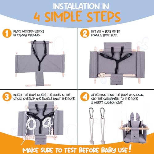 Indoor Outdoor Baby Swing with 3-Point Harness and Hardware for Ceiling, Porch, Doorway, Canvas Baby Swing Outdoor Toddler Swing Seat Grey