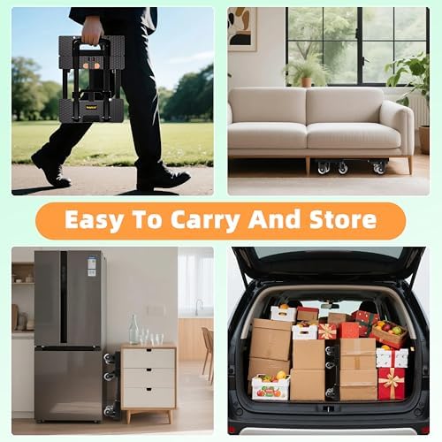Folding Hand Truck 600lbs, Portable Heavy Duty Dolly Cart, 6 Wheels Collapsible Luggage Cart with 2 Elastic Ropes - Compact Trolley Cart for Easy Moving - Ideal Hand Cart for Travel and More