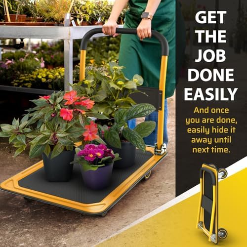 Heavy Duty Foldable Push Cart Dolly | 660 lbs. Capacity | Upgraded Collapsible Hand Truck Platform with Swivel Wheels | Flat Bed Moving Wagon | Space Saving Push Handle (Yellow)