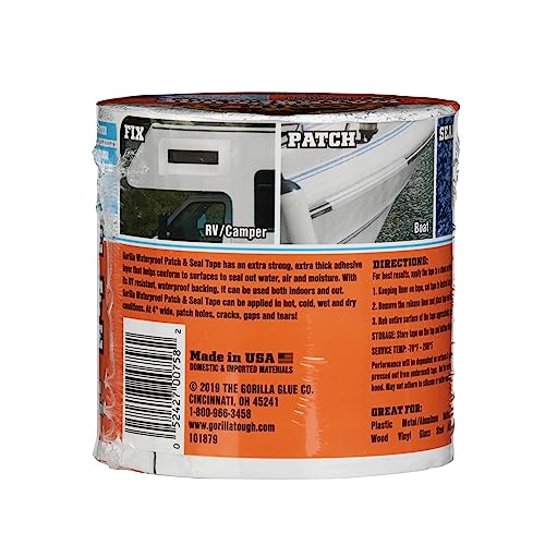 Gorilla Waterproof Patch & Seal Tape, White Tape, 4" x 10' (Pack of 2) - Permanent Weather Resistant Seal for Leaks and Repairs
