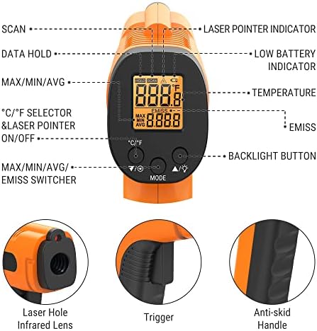 ThermoPro TP30 Infrared Thermometer Gun, Laser Thermometer for Cooking, Pizza Oven, Griddle, Engine, HVAC, Laser Temperature Gun with Adjustable Emissivity & Max Measure -58°F ~1022°F (Not for Human)