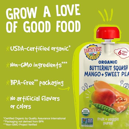 Earth's Best Organic Butternut Squash, Mango and Sweet Peas Puree Pouch 3.5 oz (Pack of 12)