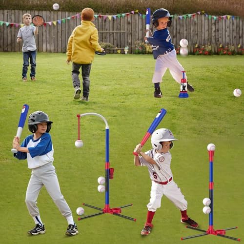 4 in 1 T Ball Sets for Kids 3-5 with Toss and Catch Ball Set, Hanging Tee Stand with Auto Pitching Machine/ 2 Bats, Indoor Outdoor Toys Birthday Baseball Gifts for Toddler Boys Girls, Blue