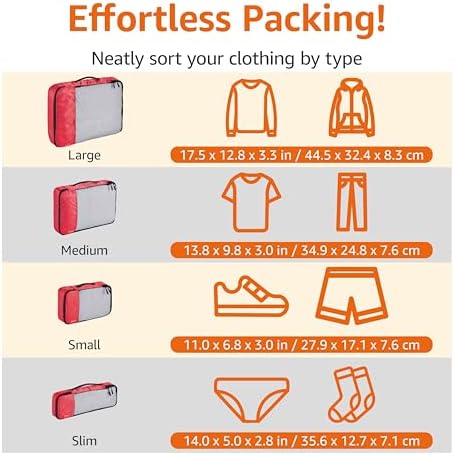 Amazon Basics Packing Cubes for Travel, Packing Organizers Set, 4-Piece-Set (Slim, Small, Medium, Large) With Double Zipper Pulls and Mesh Top Panel, 100% Durable Polyester, Red