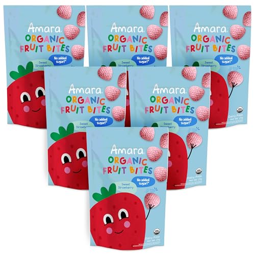 Amara Organic Fruit Bites Sweet Strawberry - No Added Sugar, Dairy-Free, Nut-Free Organic Fruit Snacks, Made with Organic Whole Foods, Allergy-Friendly Healthy Fruit Snacks for Kids - 21g 6PK