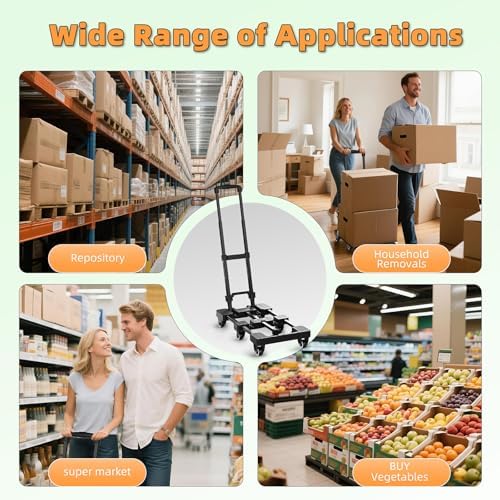 Folding Hand Truck 600lbs, Portable Heavy Duty Dolly Cart, 6 Wheels Collapsible Luggage Cart with 2 Elastic Ropes - Compact Trolley Cart for Easy Moving - Ideal Hand Cart for Travel and More