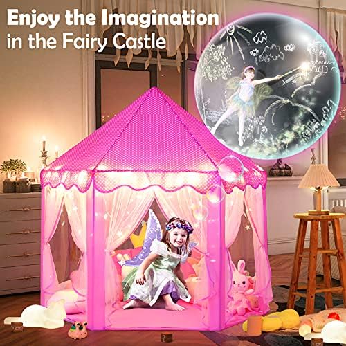 wilwolfer Princess Castle Play Tent for Girls Large Kids Play Tents Hexagon Playhouse with Star Lights Toys for Children Indoor Games (Pink)