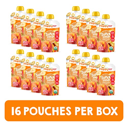 Happy Tot Organics Stage 4 Baby Food Pouches, Gluten Free, Vegan Snack, SuperFoods Fruit & Veggie Puree, Bananas, Peaches, Mangos & Chia, 4.22 Ounce (Pack of 16)