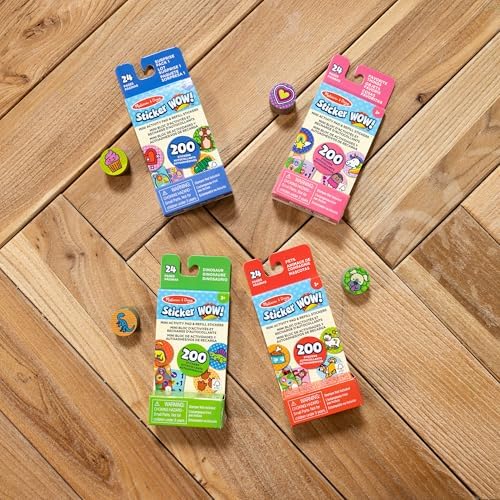 Melissa & Doug Sticker Wow!™ Mini Activity Pad and Refill Stickers 4-Pack (Dinosaur, Pets, Favorite Things, Surprise Pack 1) – 200 Stickers Each (800 Total) for Any Sticker Stamper (Not Included)