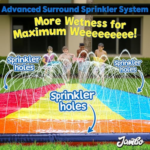 JAMBO Premium Triple Water Slide with 3 Bodyboards, 20Ft Heavy Duty Slip Splash and Slides-Advanced 3-Way Sprinkler System, Splash Pad Mat Backyard Summer Outdoor Water Toys n Long Slides for Kids