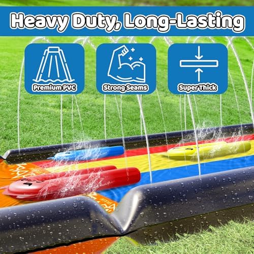 JAMBO Premium Triple Water Slide with 3 Bodyboards, 20Ft Heavy Duty Slip Splash and Slides-Advanced 3-Way Sprinkler System, Splash Pad Mat Backyard Summer Outdoor Water Toys n Long Slides for Kids