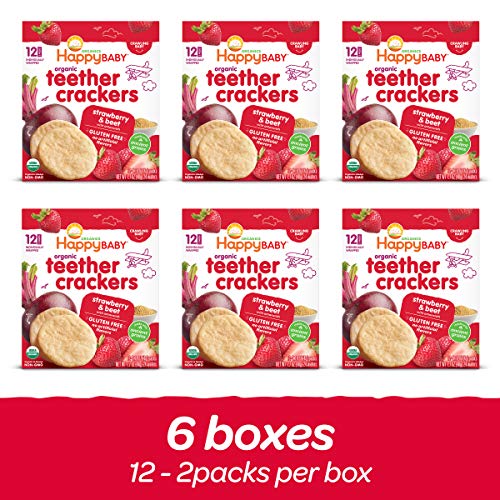 Happy Baby Organics Baby Snacks, Gentle Teething Crackers, Gluten Free & Vegan, Strawberry & Beet, 12 Count (Pack of 6)