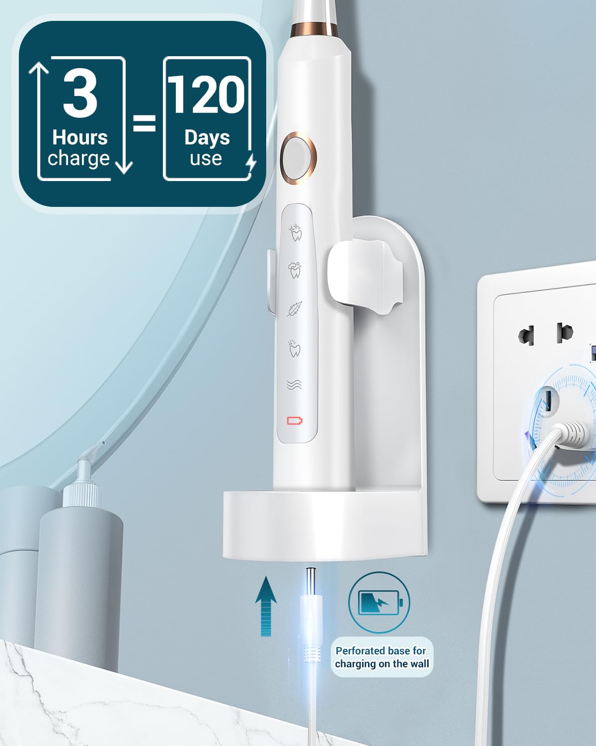 Rtauys M5 Sonic Electric Toothbrush for Adults and Kids - Rechargeable Electric Toothbrush Kids Ages 12+ and Adults with 8 Brush Heads & Travel Case, 120 Days Battery Life - White