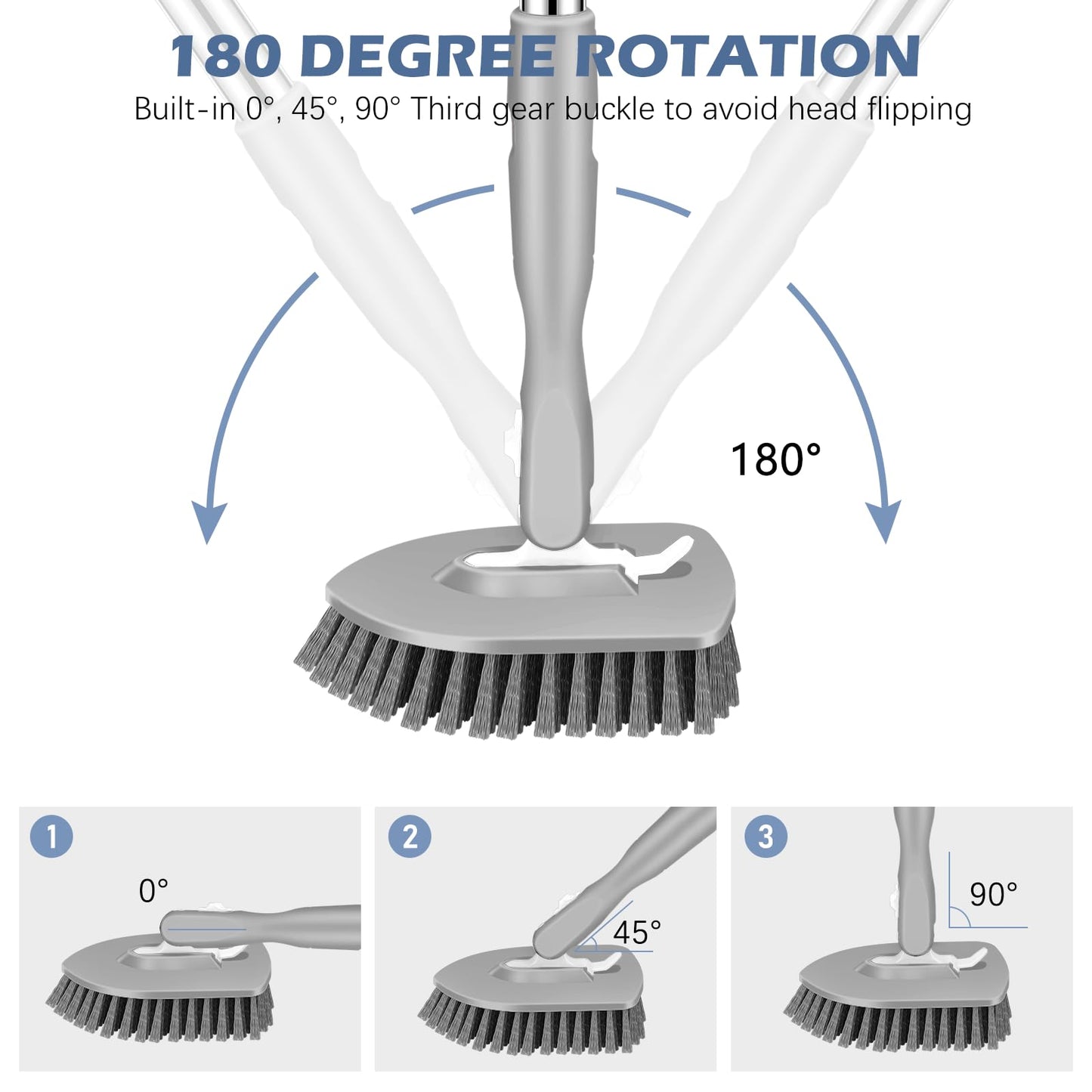 SetSail Floor Scrub Brush, 3-In-1 Tile Tub Floor Scrubber with 52-inch Adjustable Long Handle Shower Cleaner Brush and 4 Detachable Replacement Brush Heads for Cleaning Bathroom Kitchen Tub Tile, Grey