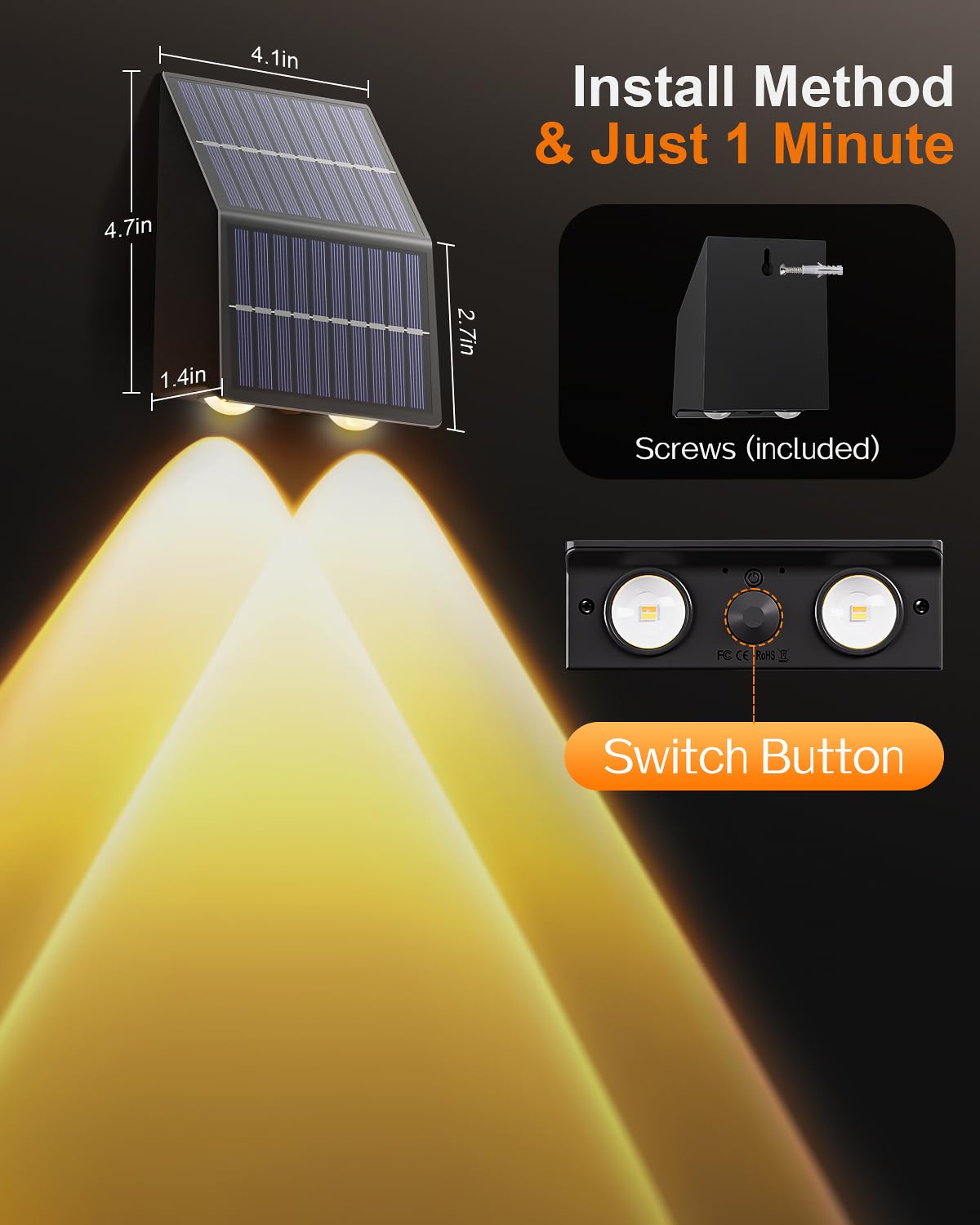 Super Long Lasting Solar Fence Lights, Dual Solar Panels, Better for Winter and Rainy Days, Outdoor Waterproof, High Brightness Solar Lights for Stair,Step,Yard,Patio,Backyard,Wall (8 Pack)