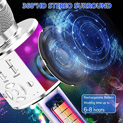 Amazmic Kids Karaoke Microphone Machine Toy Bluetooth Microphone Portable Wireless Karaoke Machine Handheld with LED Lights, Gift for Children Adults Birthday Party, Home KTV(Silver)