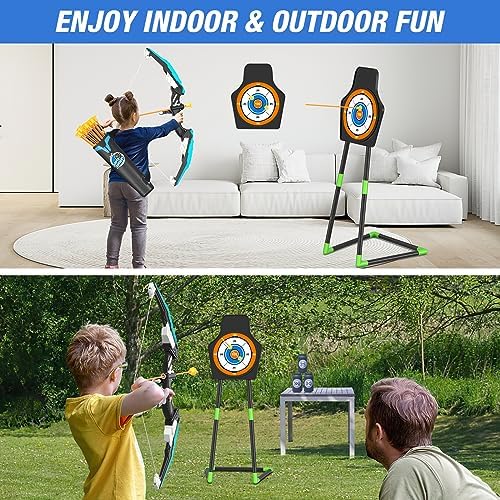 Bow and Arrow for Kids, LED Light Up Archery Set with 12 Suction Cup Arrows, 1 Standing Target, 3 Score Targets & 1 Quiver, Indoor Outdoor Sport Gifts for Boys Girls Ages 4-12, Blue