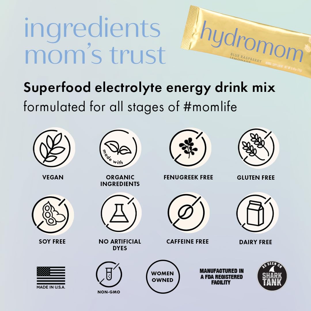 Boobie Hydromom Superfood Electrolyte Drink Mix, Blue Raspberry Lemonade | Refreshing Energy & Hydration Boost for Mamas | On-The-Go & Travel Essentials for Pregnancy, Lactation, & Beyond - 2 Pack