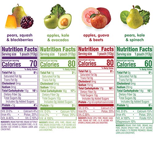 Happy Baby Organics Stage 2 Baby Food Pouches, Gluten Free, Vegan & Healthy Snack, Clearly Crafted Fruit & Veggie Puree, Fruit & Veggie Variety Pack, 4 Ounces (Pack of 16), Amazon Exclusive