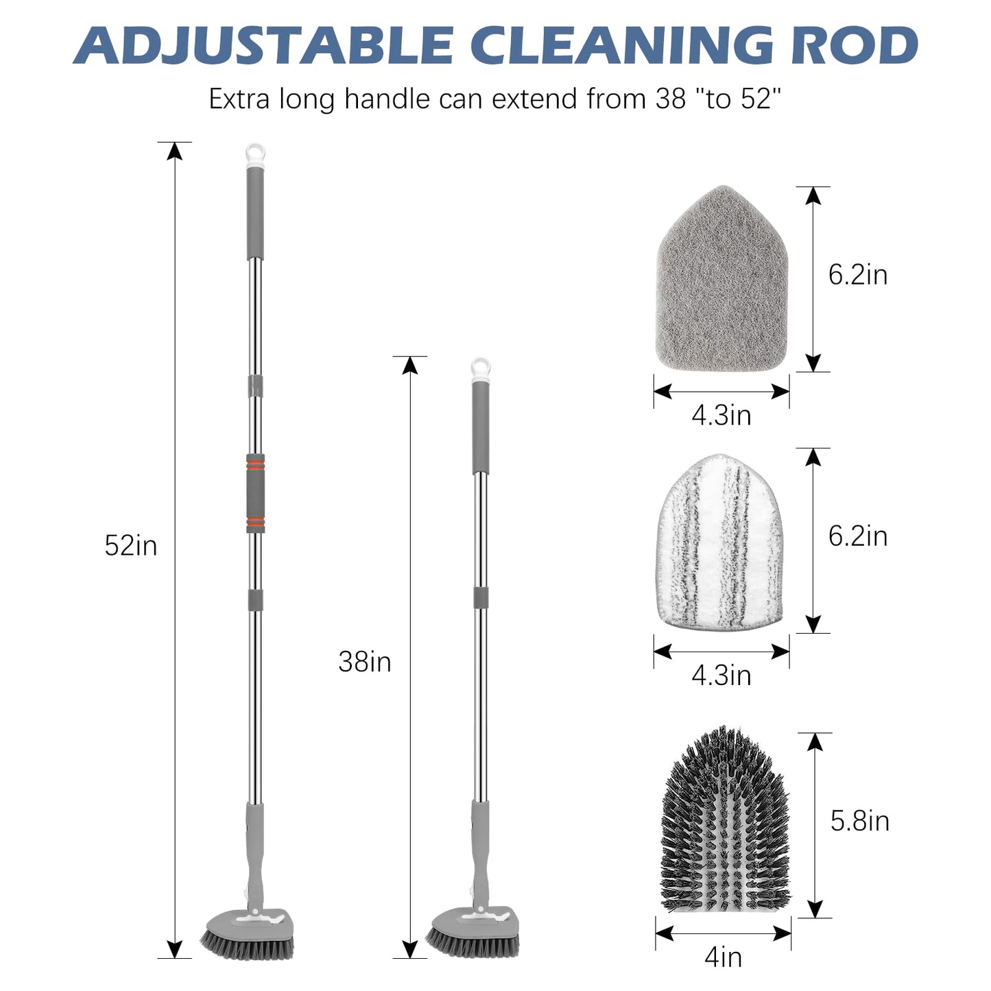 SetSail Floor Scrub Brush, 3-In-1 Tile Tub Floor Scrubber with 52-inch Adjustable Long Handle Shower Cleaner Brush and 4 Detachable Replacement Brush Heads for Cleaning Bathroom Kitchen Tub Tile, Grey