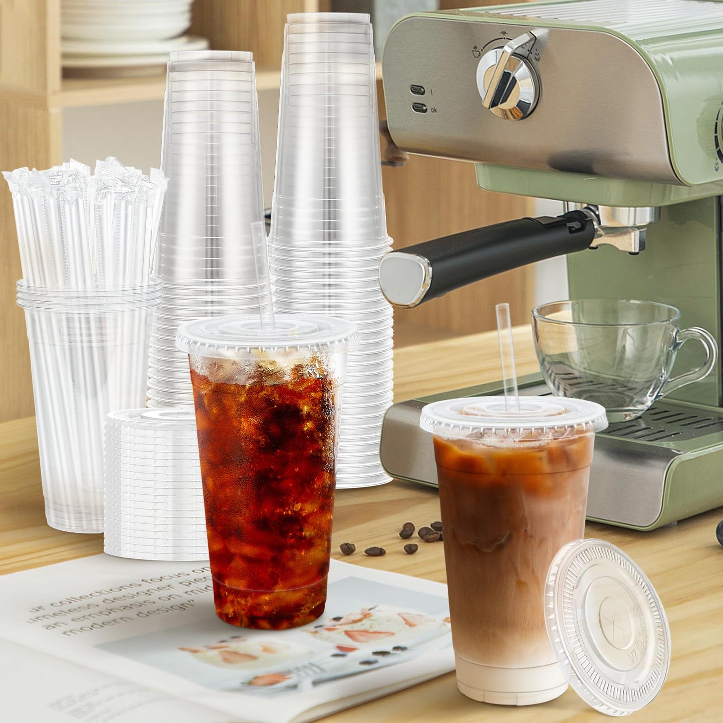 Lamosi 100 Pack 20 oz Clear Plastic Cups with Lids and Straws, Disposable Iced Coffee Cups with Lids for To-Go Cold Drinks, Smoothies and Slushie