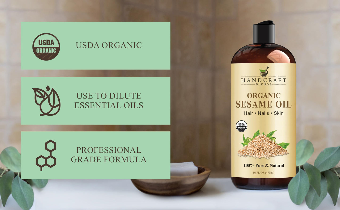 Handcraft Blends Organic Sesame Oil - 16 Fl Oz - 100% Pure and Natural - Premium Grade Carrier Oil for Skin and Hair - Hair and Body - Massage - Expeller-Pressed and Hexane-Free