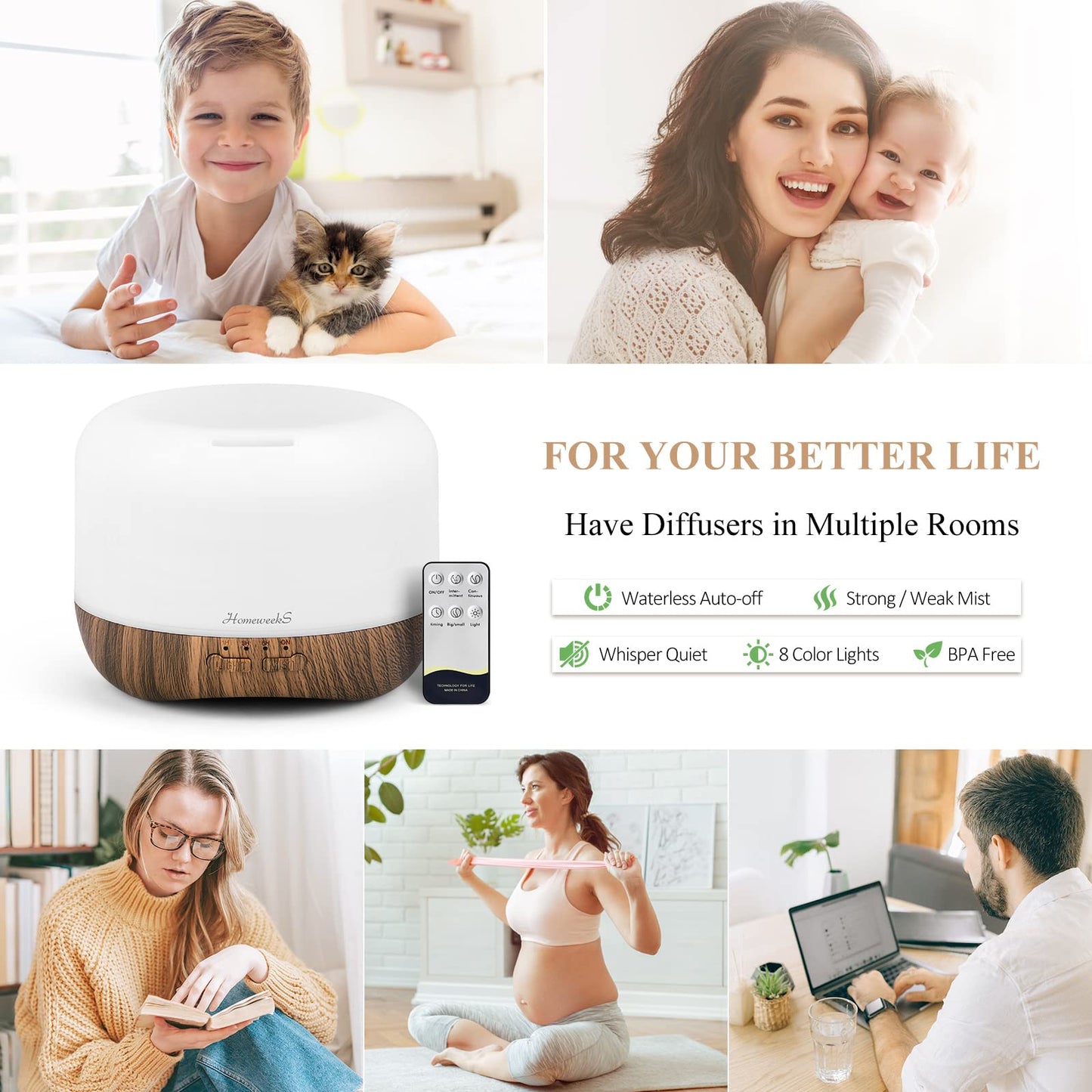 Aromatherapy Essential Oil Diffuser for Room: Air Humidifier Aroma Scent Cool Mist Diffuser Colorful Lights Wood Cute Small Large Waterless Auto Off Ultrasonic Diffusers for Home Bedroom (300ml)