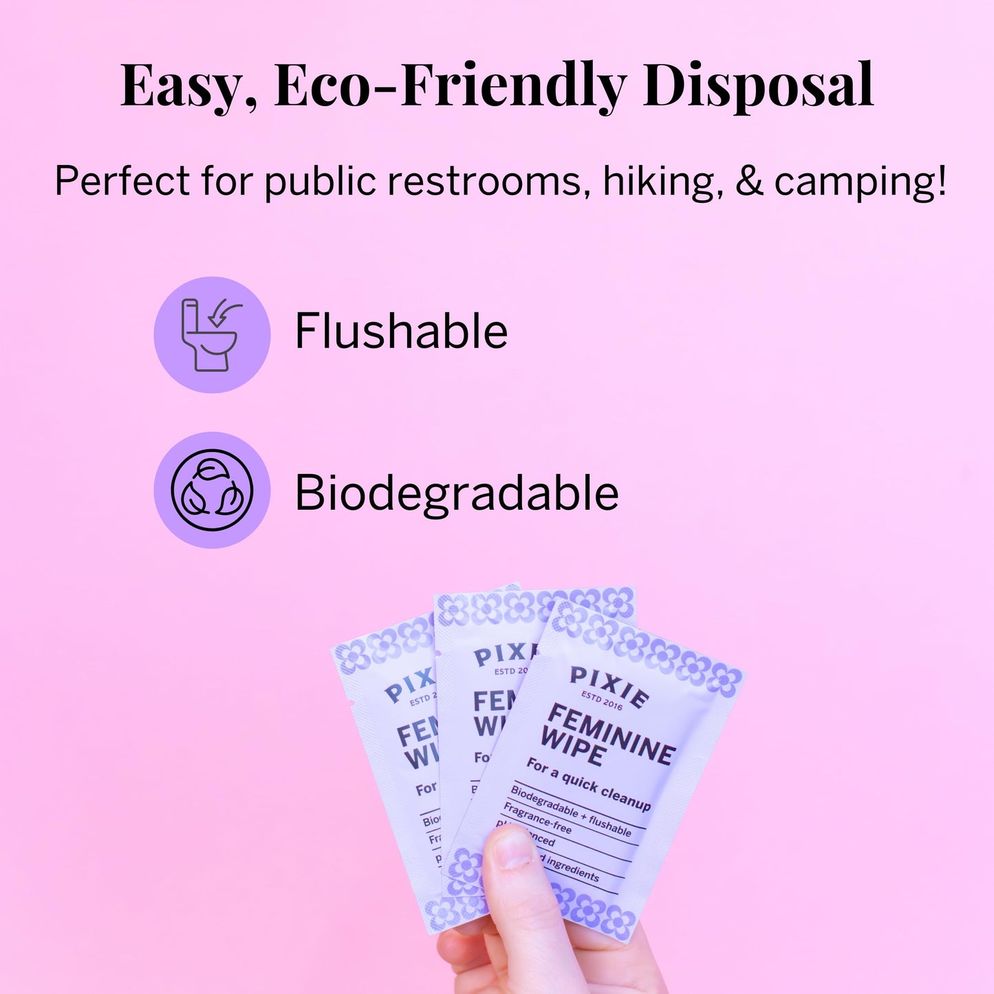 Pixie Feminine Wipes - Flushable, Biodegradable, & Ph Balanced - Best Individually Wrapped Body Wipes for On The Go & Public Bathrooms - Wash, & Cleaner For Your Menstrual Cups & Discs (40 Count)