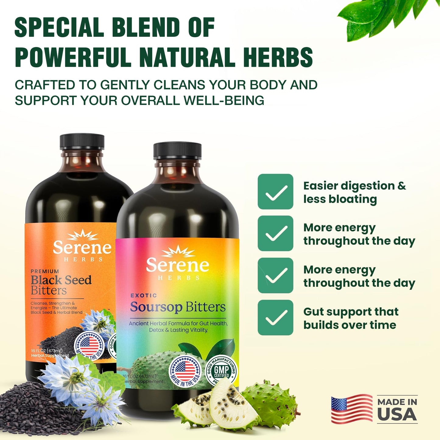 Serene Herbs Soursop Bitters Liquid & Black Seed Bundle – Organic Herbal Guanabana for Digestive Support & Immune Health – Vegan, Non-GMO – 32 oz (16 oz Each), 64 Servings