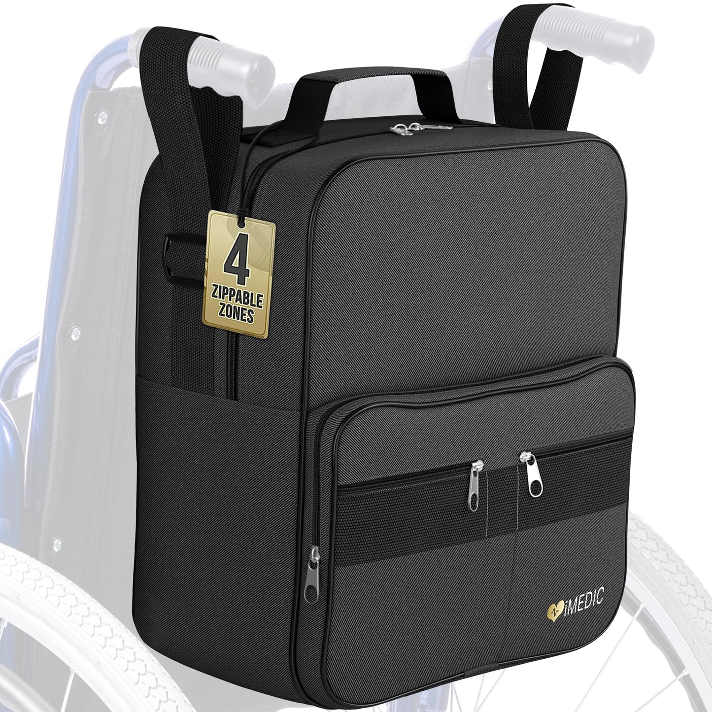 iMedic Deluxe Wheelchair Bag – Storage Backpack for Adults – Hangs Securely on Wheelchair Back – Organiser for Mobility & Electric Wheelchairs – Black
