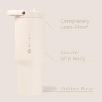 HydroJug Sport - Stainless Steel Tumbler with Straw, Vacuum Insulated, 32oz Leakproof Water Bottle, Ergonomic Design, Reusable, Dishwasher Safe, Rubber Base, Durable for Gym or Outdoors, Cream