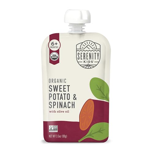 Serenity Kids 6+ Months USDA Organic Veggie Puree Baby Food Pouches - No Added Sugar or Fruit & BPA-Free & Allergen-Free - Sweet Potato & Spinach Baby Snacks - 3.5 Oz, 12 Pack