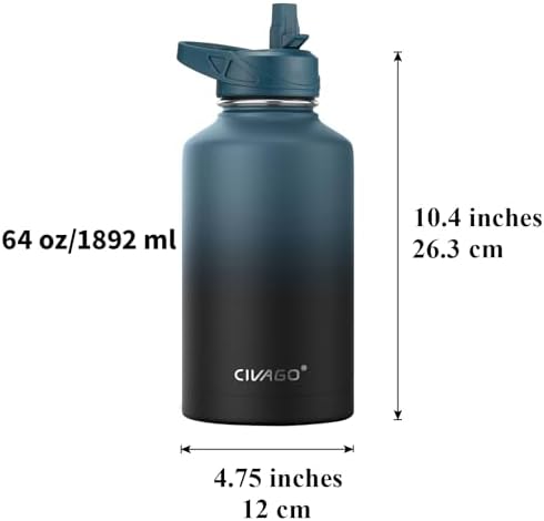 CIVAGO 64 oz Insulated Water Bottle With Straw, Half Gallon Stainless Steel Sports Water Flask Jug with 3 Lids (Straw, Spout and Handle Lid), Large Metal Thermal Cup Mug, Midnight Black