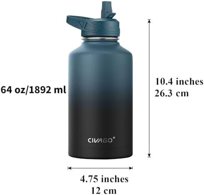 CIVAGO 64 oz Insulated Water Bottle With Straw, Half Gallon Stainless Steel Sports Water Flask Jug with 3 Lids (Straw, Spout and Handle Lid), Large Metal Thermal Cup Mug, Midnight Black