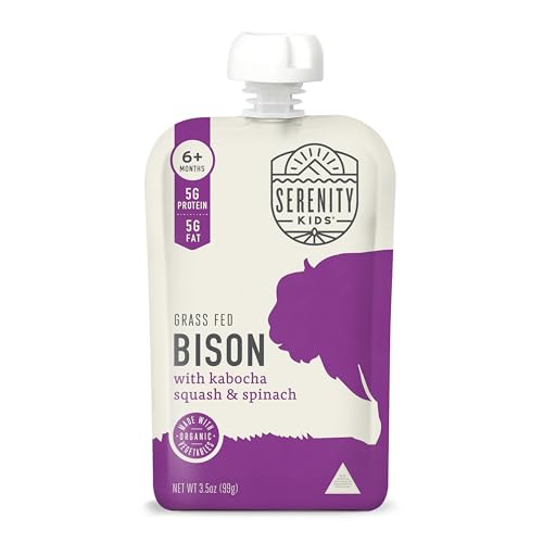Serenity Kids 6+ Months Baby Food Pouches - Ethically Sourced Grass-Fed Bison & Organic Kabocha Squash & Spinach Puree - BPA-Free Baby Puree Pouches - 3.5 Oz, 6 Pack