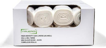TYPLASTICS 45-48 Gallon Clear Trash Can Liners - 43" x 48" - High Density Garbage Bags - 200 Pack - Multipurpose for Office, Yard, Recycling, Industrial and Commercial
