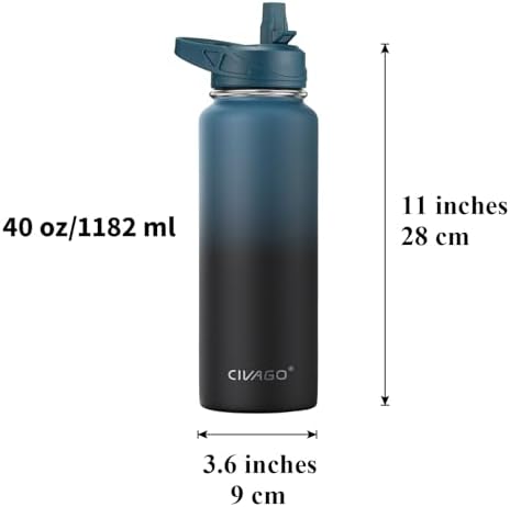 CIVAGO 40 oz Insulated Water Bottle With Straw, Stainless Steel Sports Water Cup Flask with 3 Lids (Straw, Spout and Handle Lid), Double Walled Travel Thermal Canteen Mug, Midnight Black
