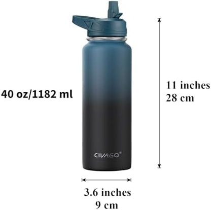CIVAGO 40 oz Insulated Water Bottle With Straw, Stainless Steel Sports Water Cup Flask with 3 Lids (Straw, Spout and Handle Lid), Double Walled Travel Thermal Canteen Mug, Midnight Black