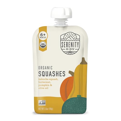 Serenity Kids 6+ Months Squash Veggie Baby Food Puree Pouches - BPA-Free & USDA Organic & Allergen Free - No Added Sugars - 3.5 Oz 12 Pack