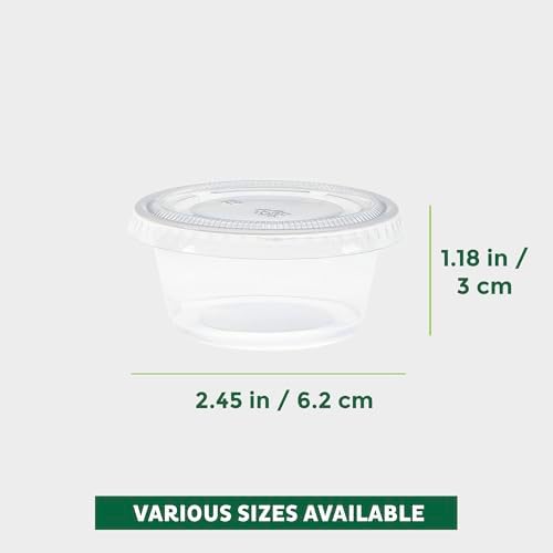 Freshware Plastic Portion Cups with Lids [2 Ounce, 400 Set] Disposable Plastic Cups for Meal Prep, Salad Dressing, Jellos Shot Cups, Souffle Cups, Condiment and Dipping Sauce Cups