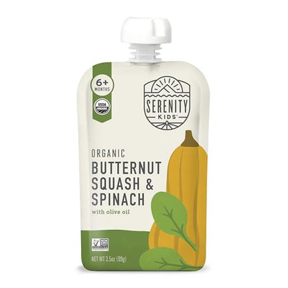 Serenity Kids 6+ Months Veggie Puree Baby Food Pouches - Butternut Squash & Spinach - USDA Organic No Added Sugar Allergen Free BPA-Free - Healthy Toddler Food - 3.5 Oz, 12 Pack