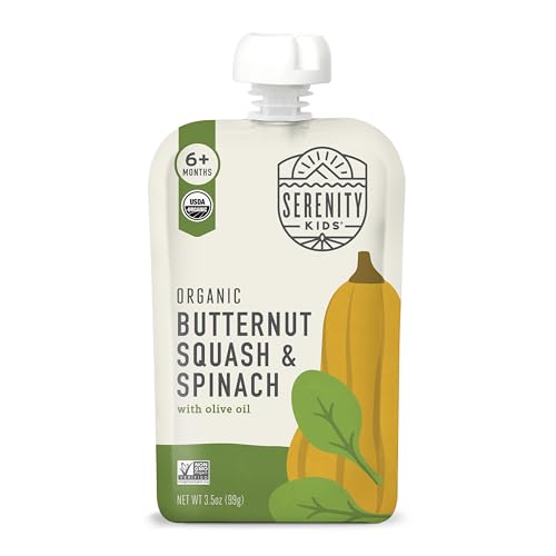Serenity Kids 6+ Months Veggie Puree Baby Food Pouches - Butternut Squash & Spinach - USDA Organic No Added Sugar Allergen Free BPA-Free - Healthy Toddler Food - 3.5 Oz, 12 Pack