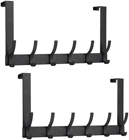 Over The Door Hooks, Door Hanger Hooks for Hanging, Over The Doors Towel Racks for Bathroom with 12 Coat Hook, Coat Rack Bathroom Accessories（2 Pack, Black）