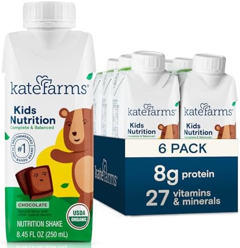 KATE FARMS Organic Kids Nutrition Chocolate Shake, 8g Protein, 27 Vitamins and Minerals, Meal Replacement, Gluten Free, Non-GMO, 8.45 oz (6 Pack)