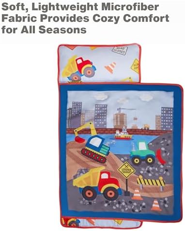 EVERYDAY KIDS Toddler Nap Mat with Removable Pillow -Under Construction- Carry Handle with Fastening Straps Closure, Rollup Design, Soft Microfiber for Preschool, Daycare, Sleeping Bag -Ages 2-6 years